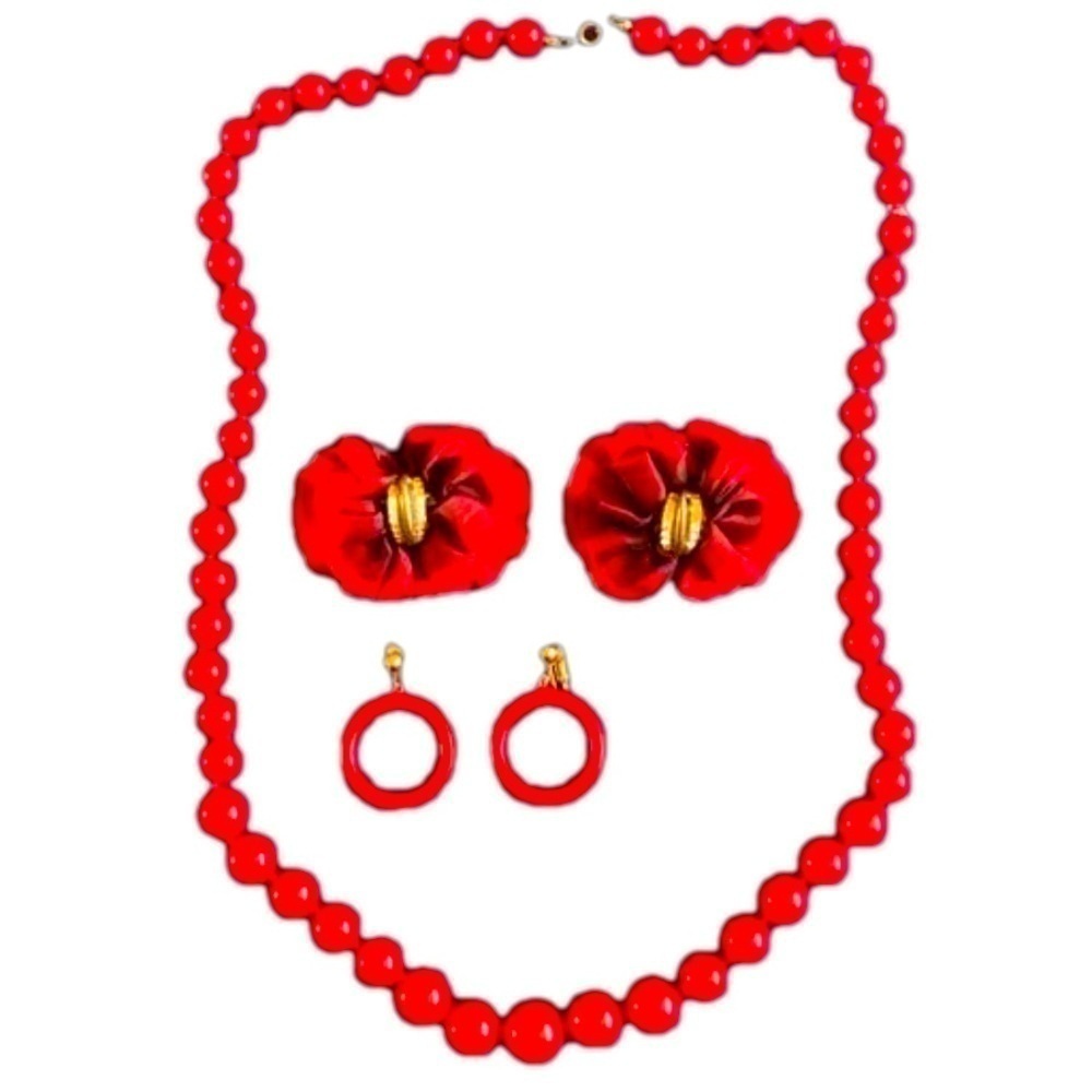 Vintage Red Ball Bead Statement Necklace & 2 Pair Of Red Earrings